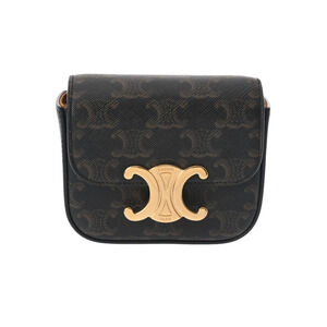 Celine Claude Triomphe Off Black Brown Calfskin Canvas Shoulder Bag